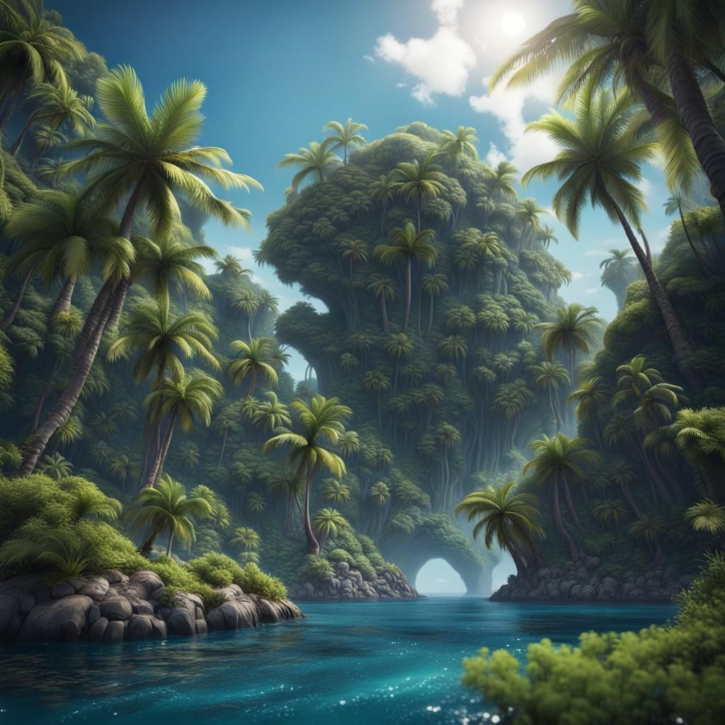 Robotic Island Oasis in Fantasy Concept Art