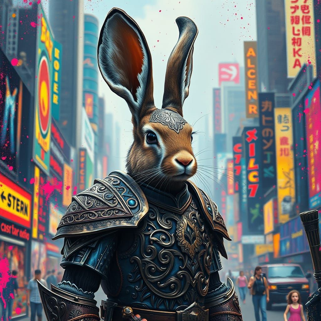 Hare Warrior in Polychromatic Cityscape, Digital Art