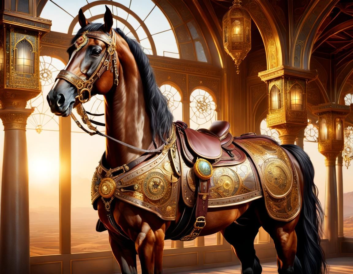 Arabian Horse in Steampunk Palace, Digital Art