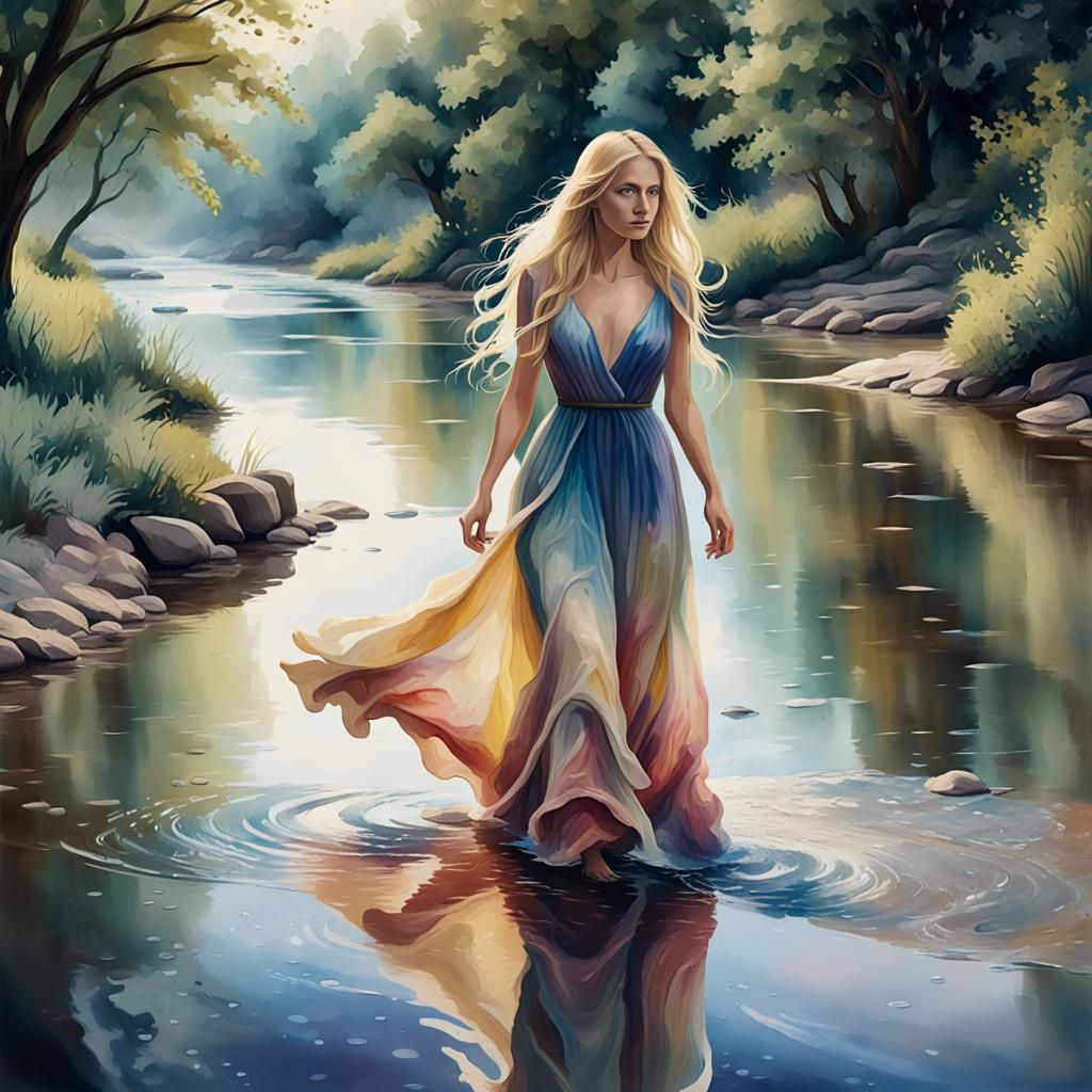Woman in Flowing Dress: Wet Watercolour River Scene