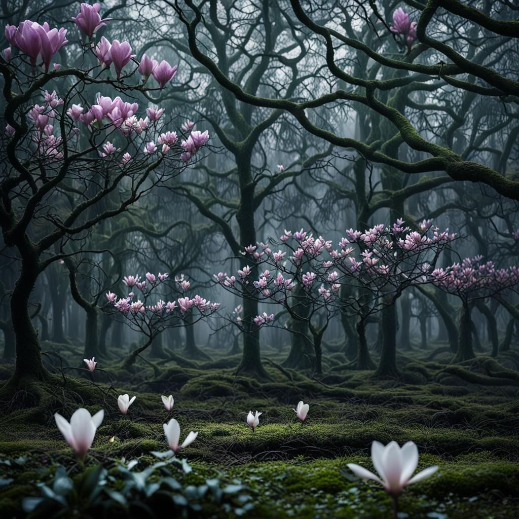 Dinosaurs and Magnolias in Sunlit Forest