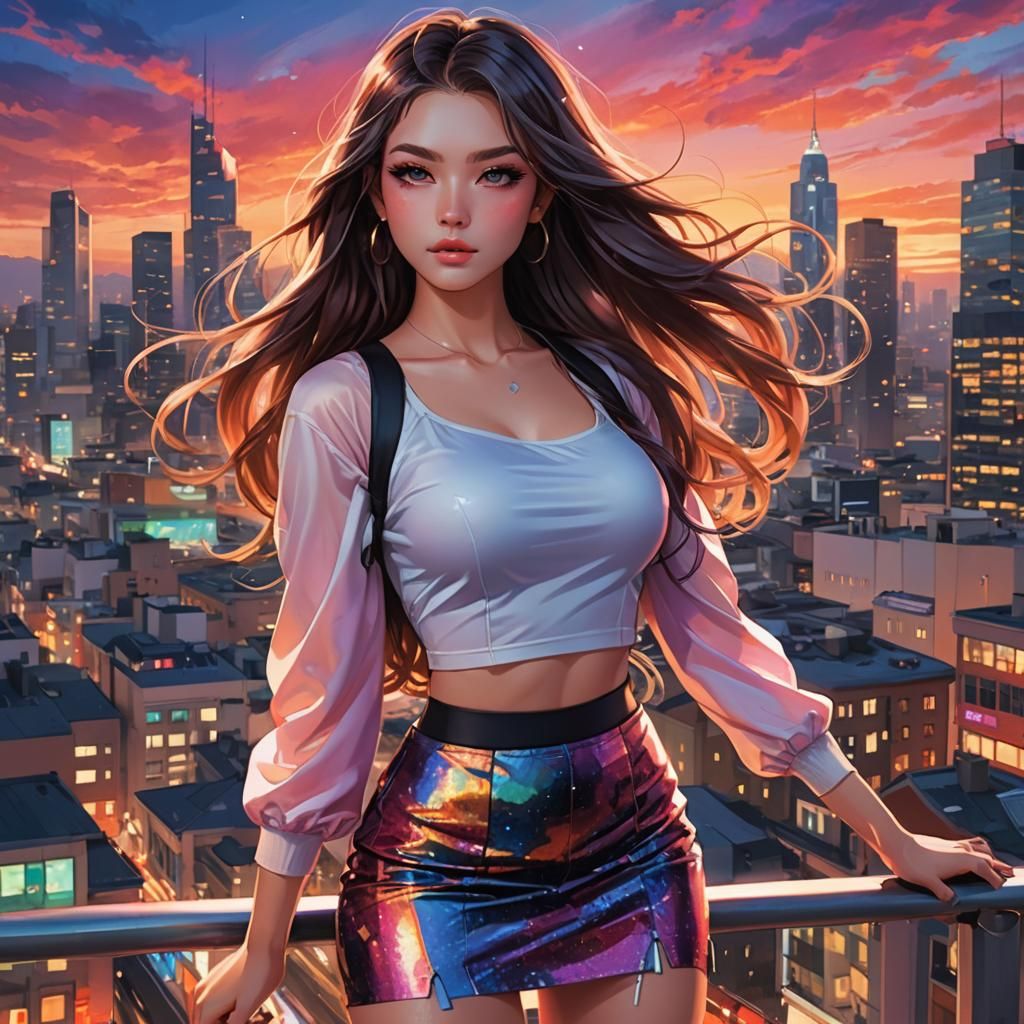 Anime Woman Portrait in Vibrant Cityscape