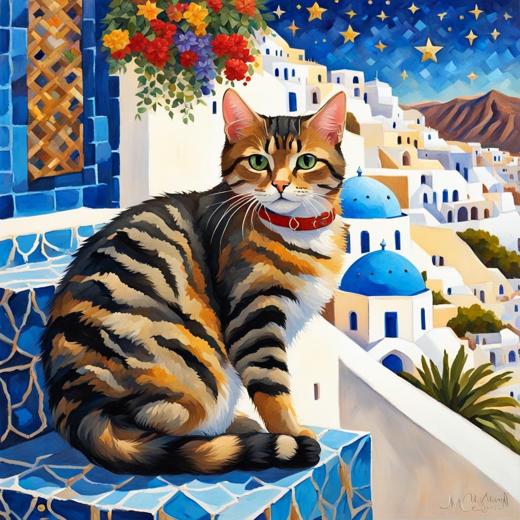 A cute tabby cat in Santorini