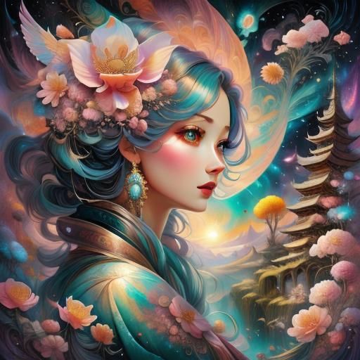 Blossom Bird Tree with Nebula in Double Exposure