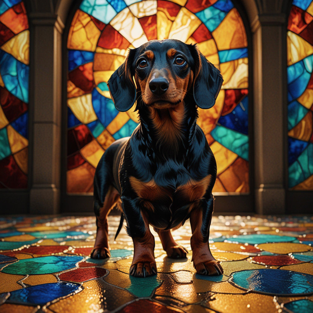 Vibrant Dachshund in Stained Glass with Golden Accents