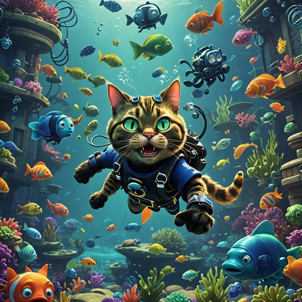 Evil Scuba Diving Cat Terrorizes Underwater City