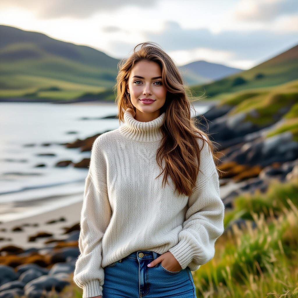 Young Woman on Scots Beach in Photorealistic Style
