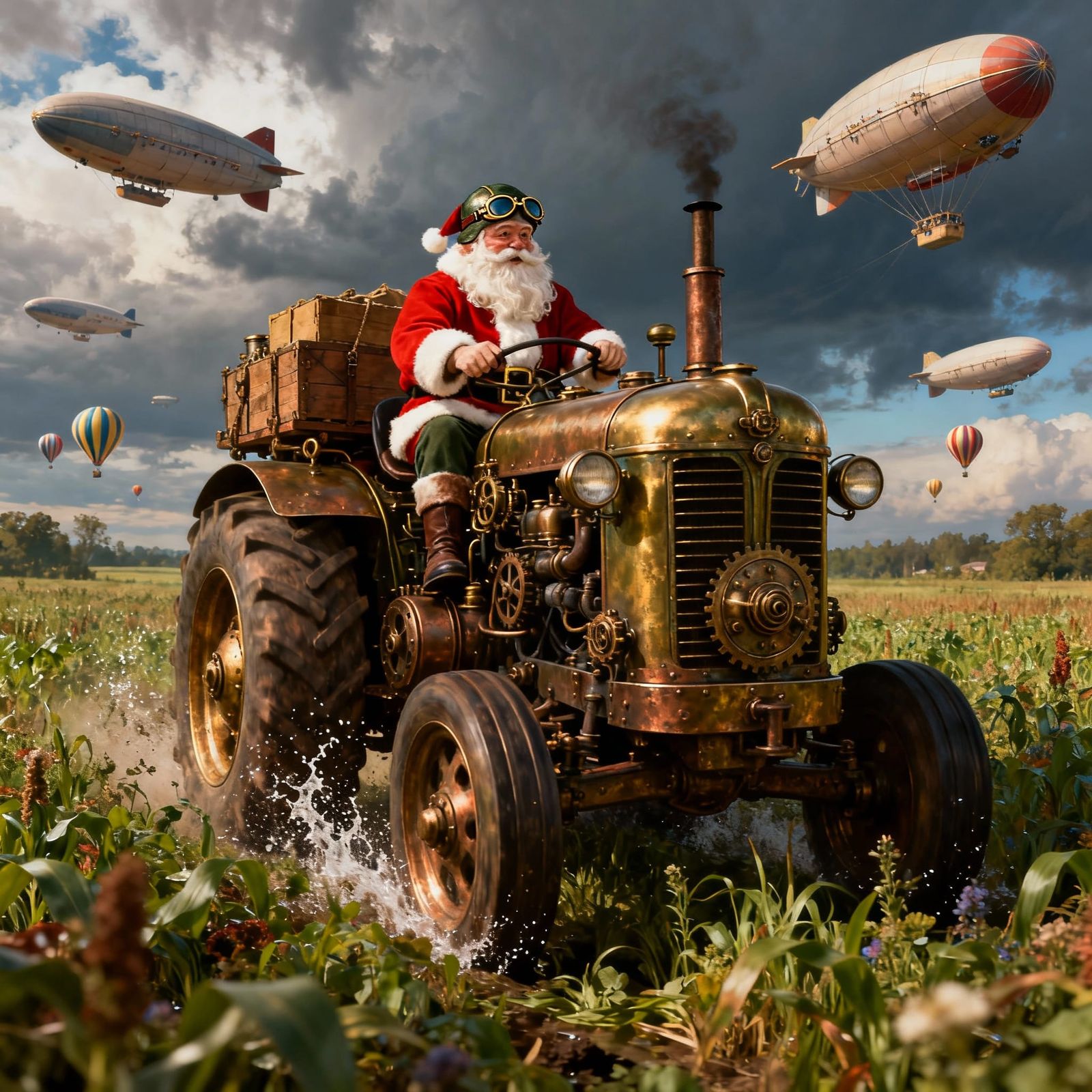 A vintage Santa Claus, wearing a tiny steampunk-inspired aviator cap and goggles, sits atop a colossal, brass-plated tra...