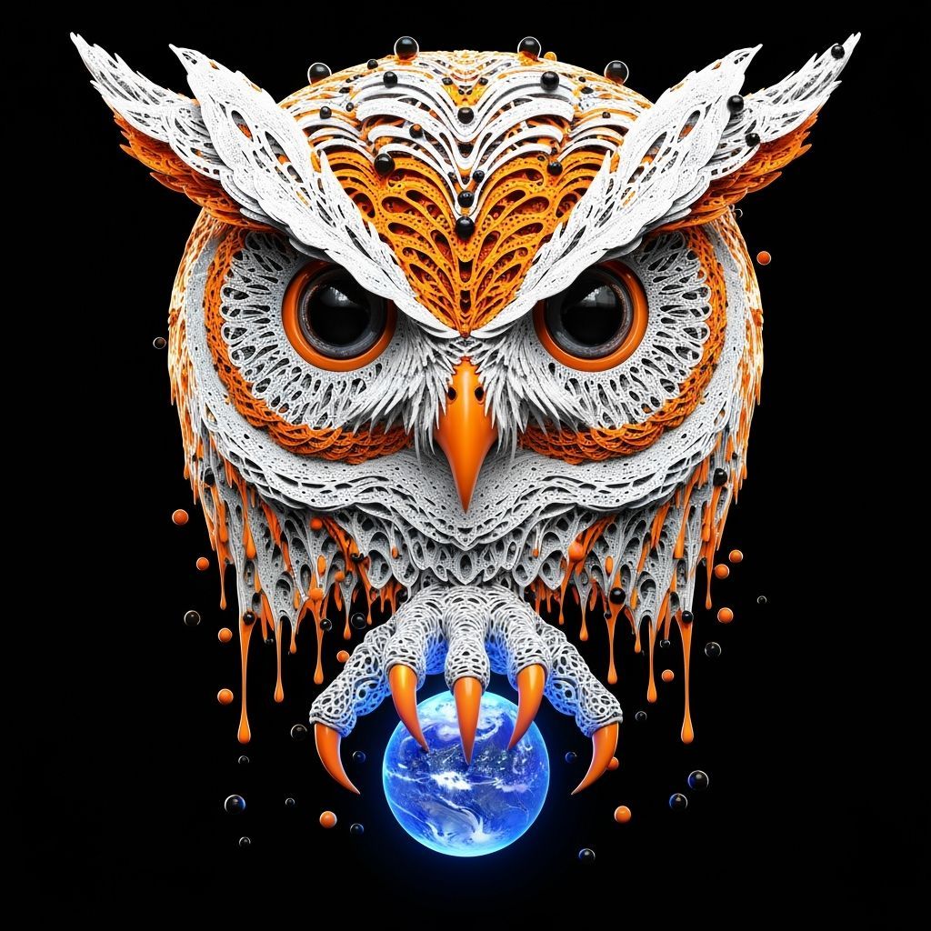 Filigree Owl With Glowing Orb in 3D Render