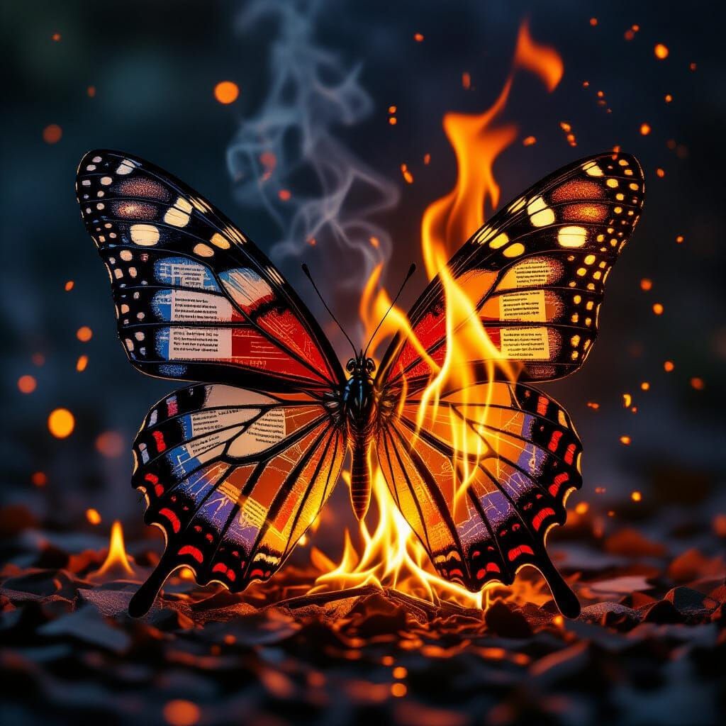Sparkling Butterfly With Fiery Newspaper Wings