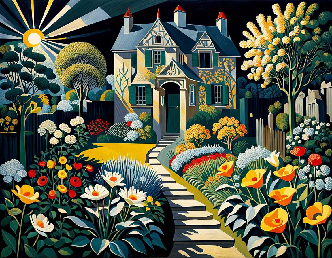 Sunlit Garden in Shadows: Cubist-Inspired Backyard Scene