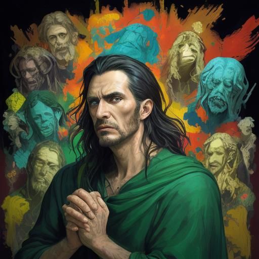 Surreal Gothic Masterpiece of a Distraught Man Surrounded by...