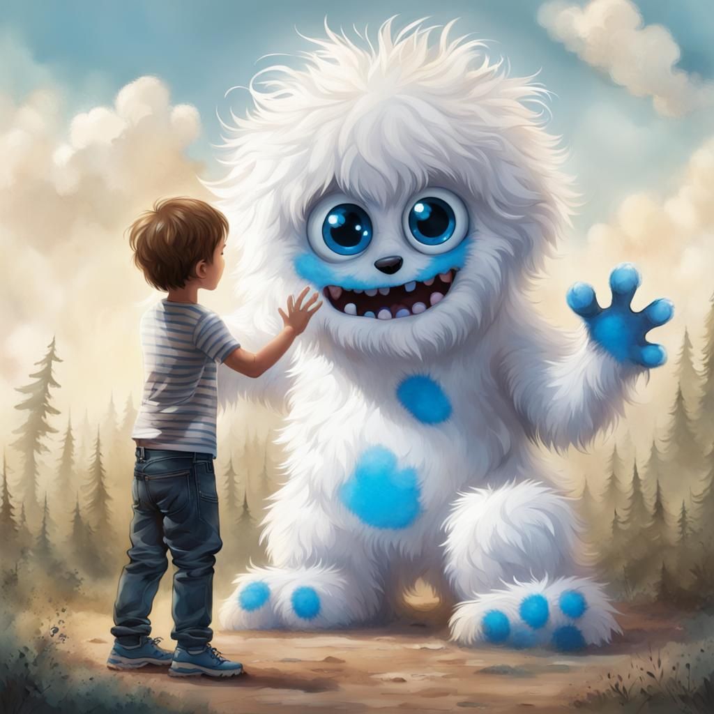 Boy Plays with Fluffy Imaginary Monster Friend