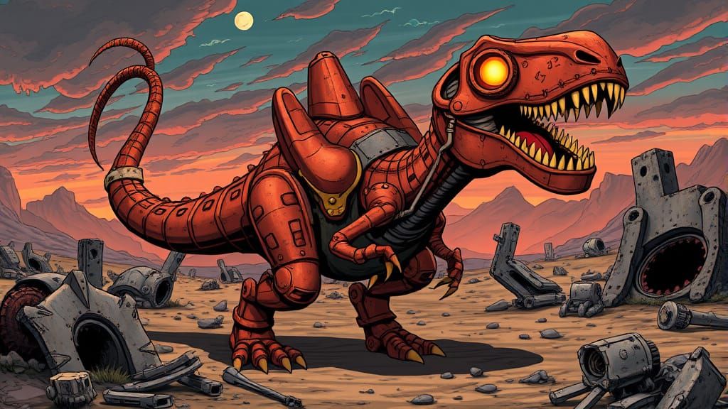 Playful Metal Dinosaur in Post-Apocalyptic Comic Art