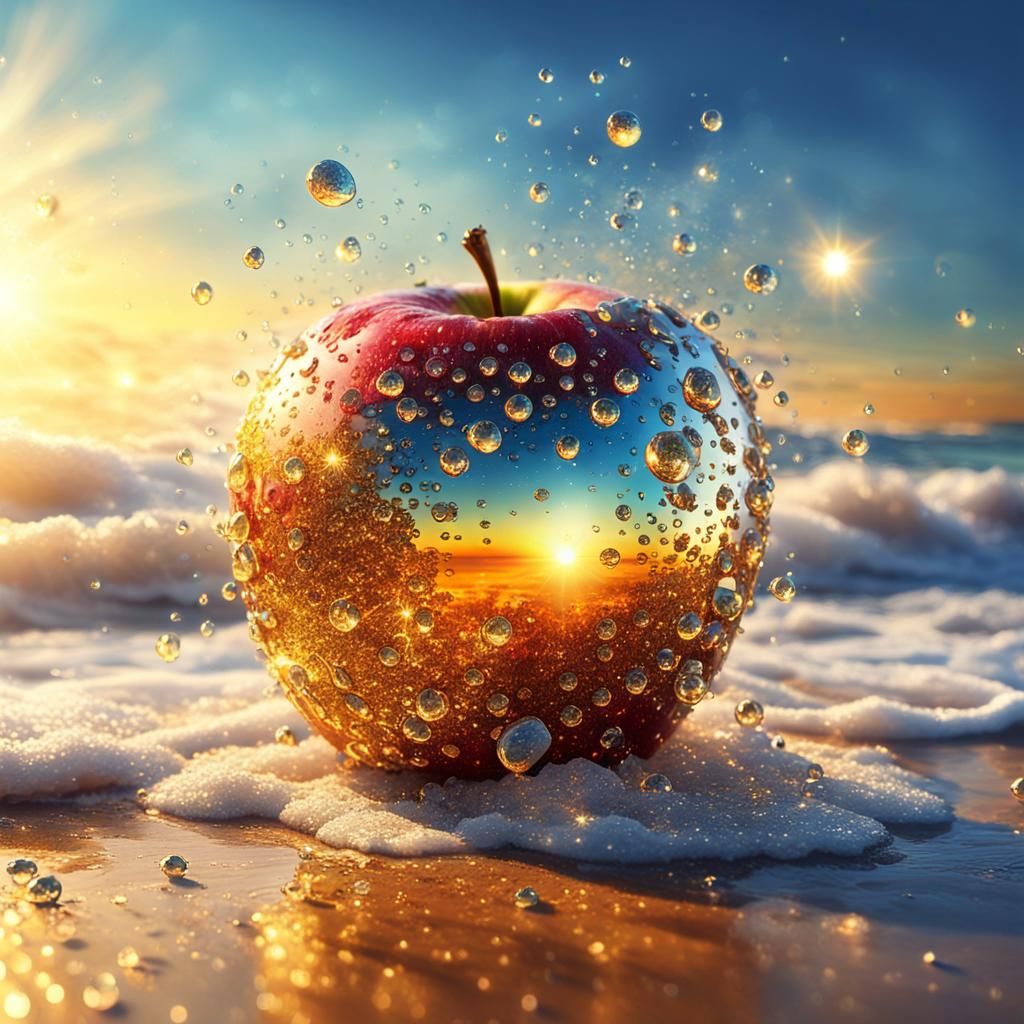 Golden Apple on Beach at Sunrise: Hyperrealistic Art