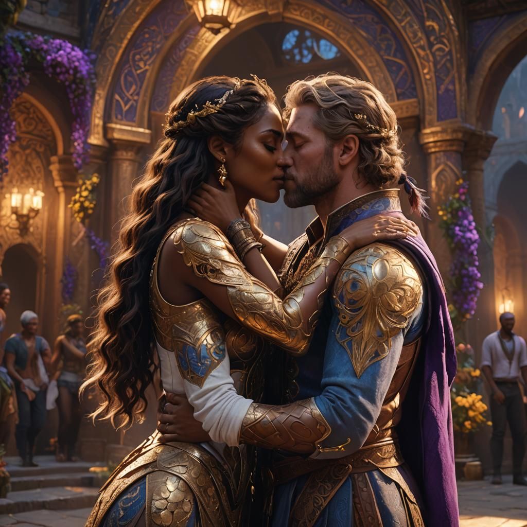 romantic kiss between short, petite, brown woman and tall, white man. The man is bending down to kiss the girl. They are...