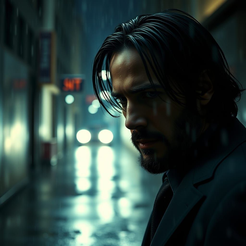 Young Keanu Reeves as John Wick in Rainy Dark Alley, High Bu...