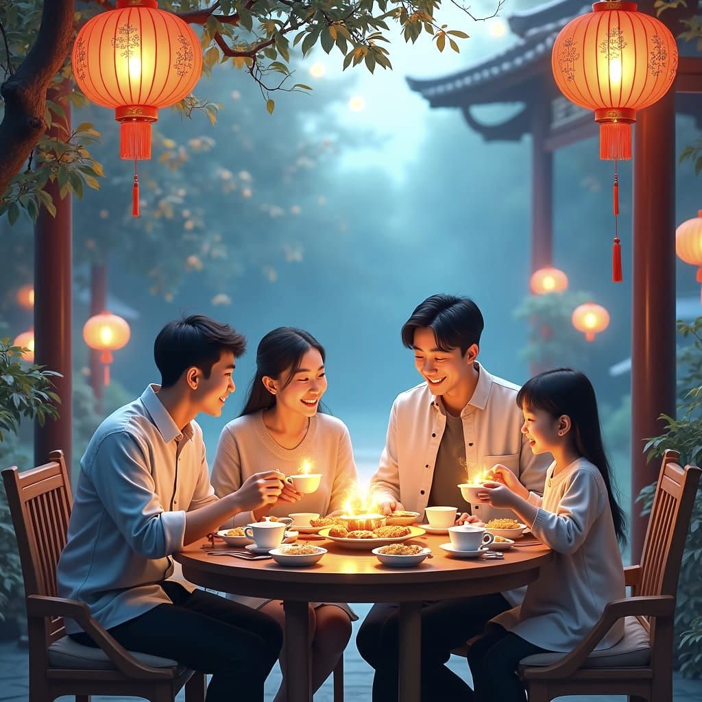 Asian Family Celebrates with Mooncake in Garden