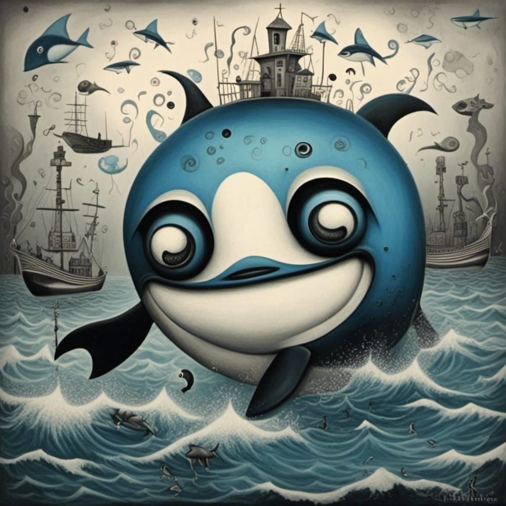 Surrealist Killer Whale Painting in Black and Blue