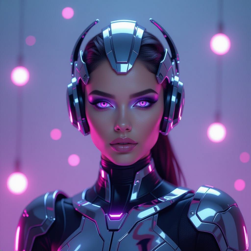 Futuristic Woman in Cyber Armor with Neon Lights