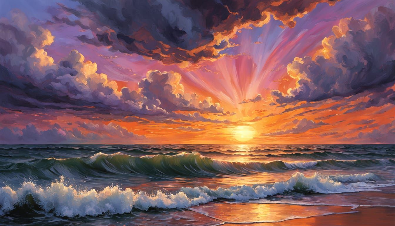 Gouache Seascape Masterpiece: Sun Dips into Churning Sea