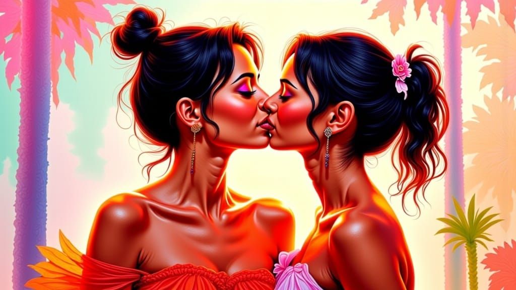 Proud Lesbian Couple Share Tender Moment in Vibrant Colors