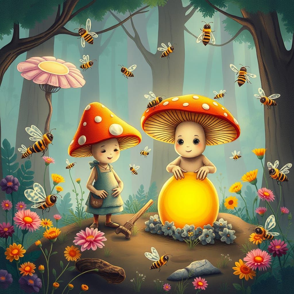 Whimsical Mushrooms Beekeeping with Silly Bees in Fantasy Fo...