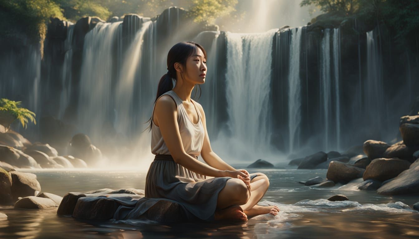 Asian Woman Meditating by Waterfall in Oil Painting Style