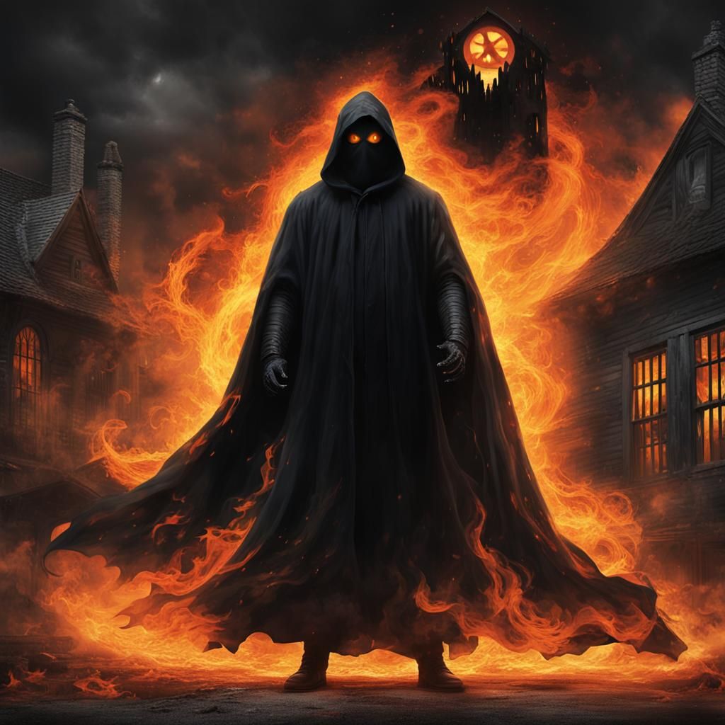 Eerie Fiery-Eyed Figure in Haunted Scene