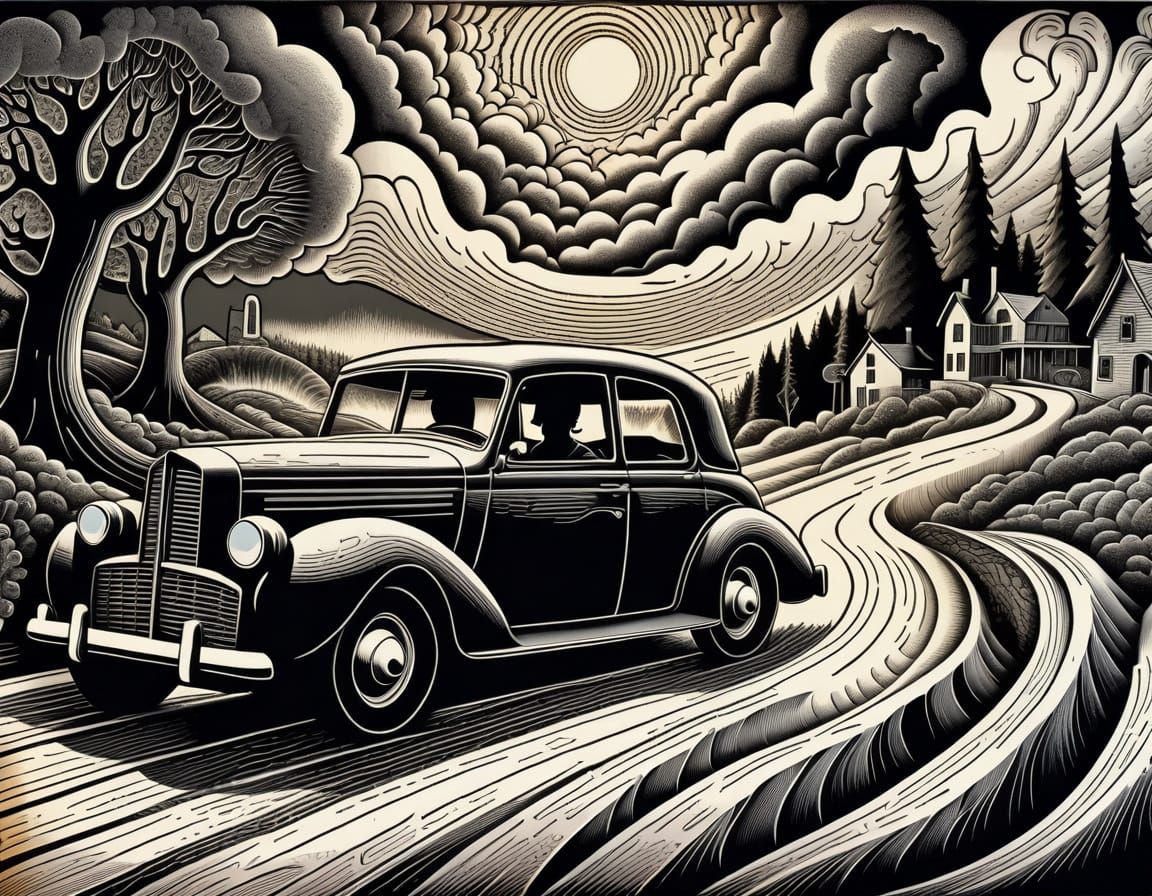 Disturbing Woodcut: Man Exiting Car in Decaying World
