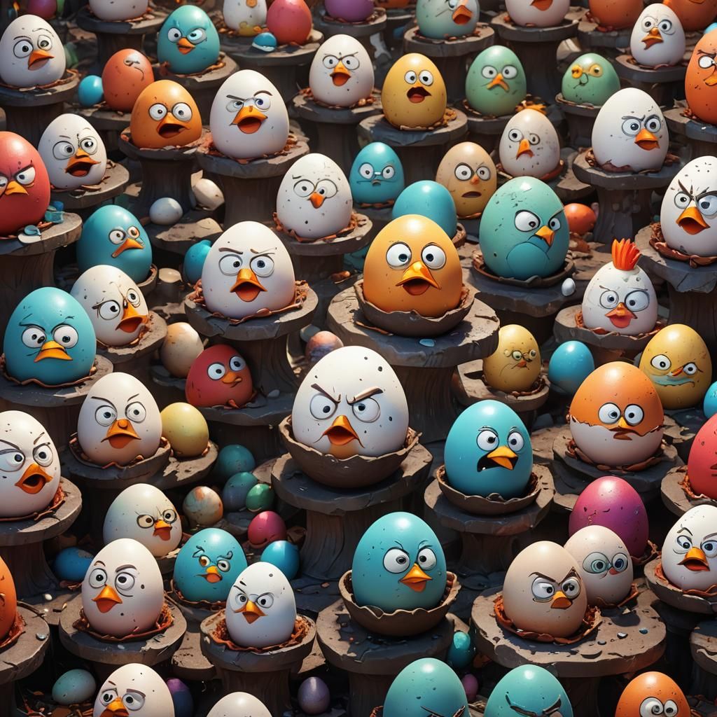 Angry Eggs on Pedestals: Whimsical Matte Painting