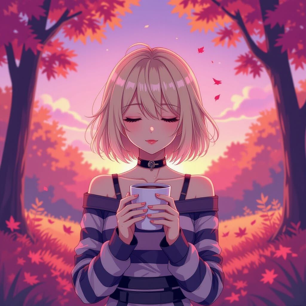 Psychedelic Anime Girl in Autumn Landscape