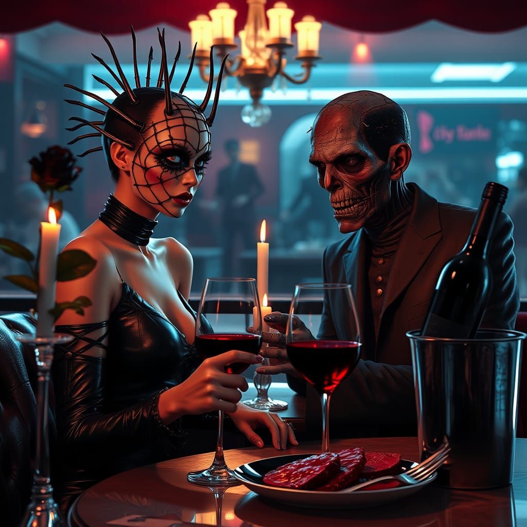 Hyperrealistic Pinhead and Frankenstein's Monster on a Date