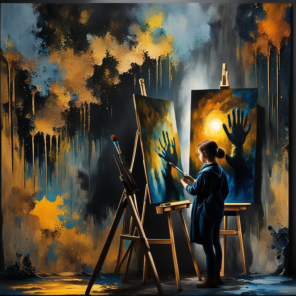 Surreal Artist Painting on Black Canvas in Watercolor Style