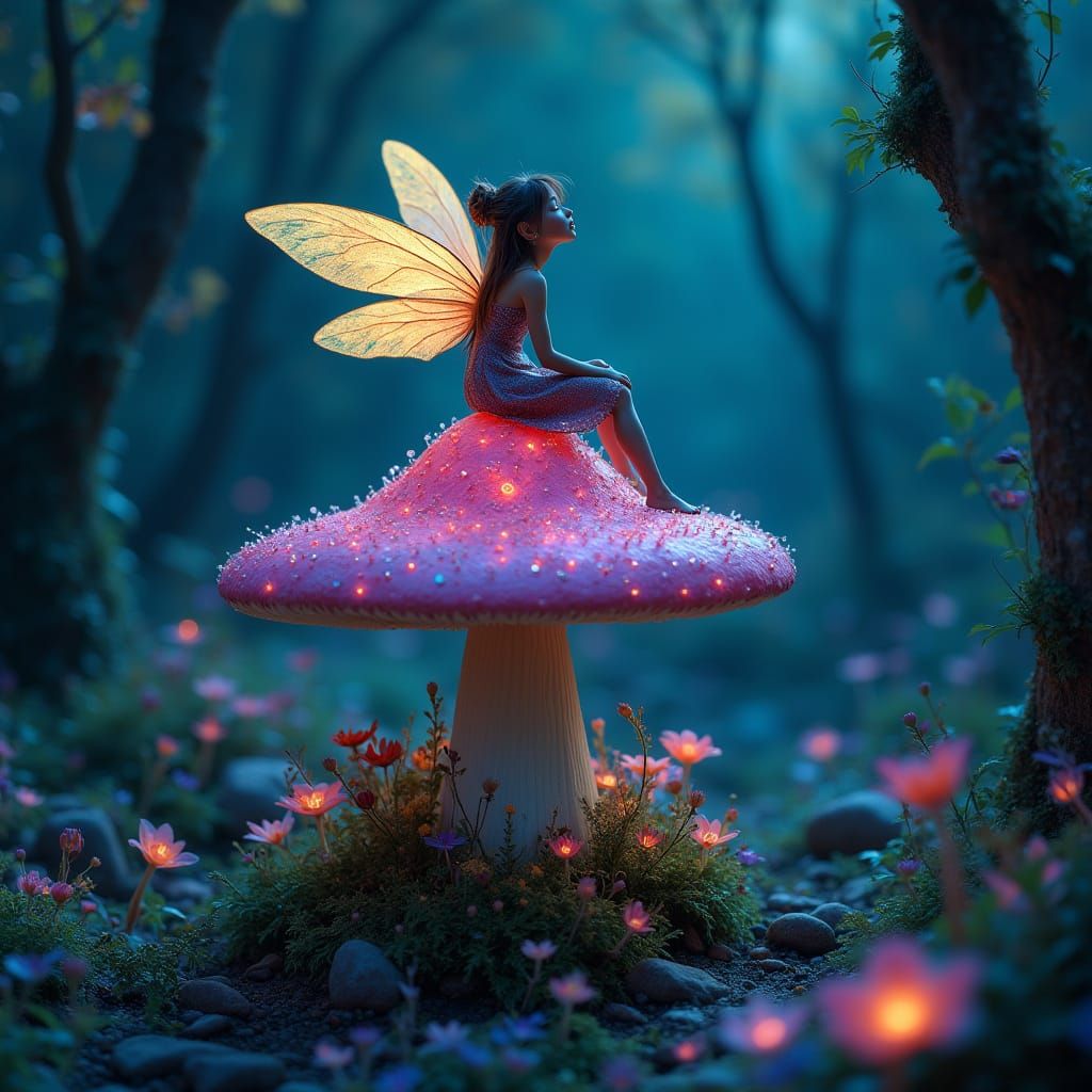 Enchanted Fairy Mushroom House in Bioluminescent Forest