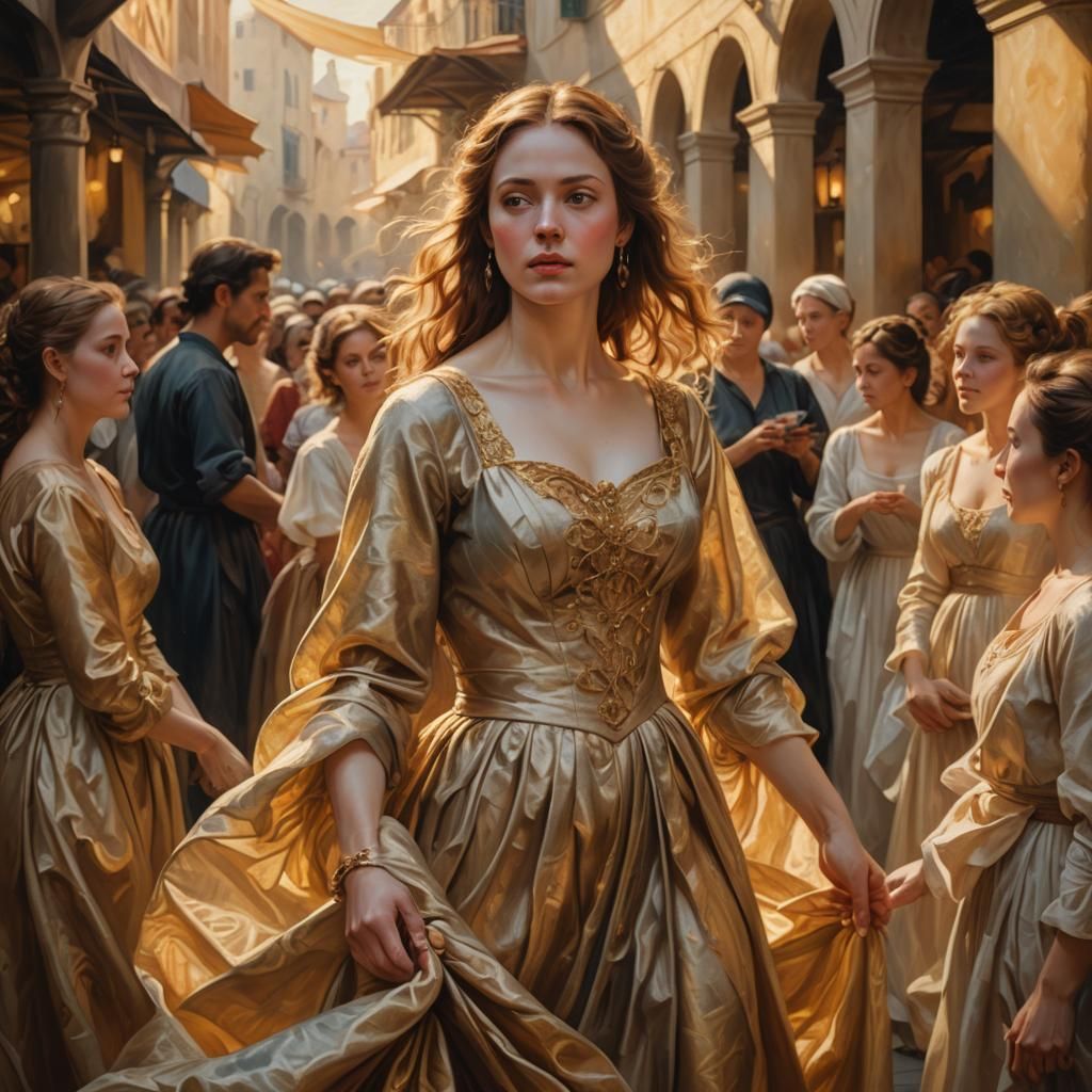 Renaissance Woman in Crowded Market, Chiaroscuro Oil Paintin...