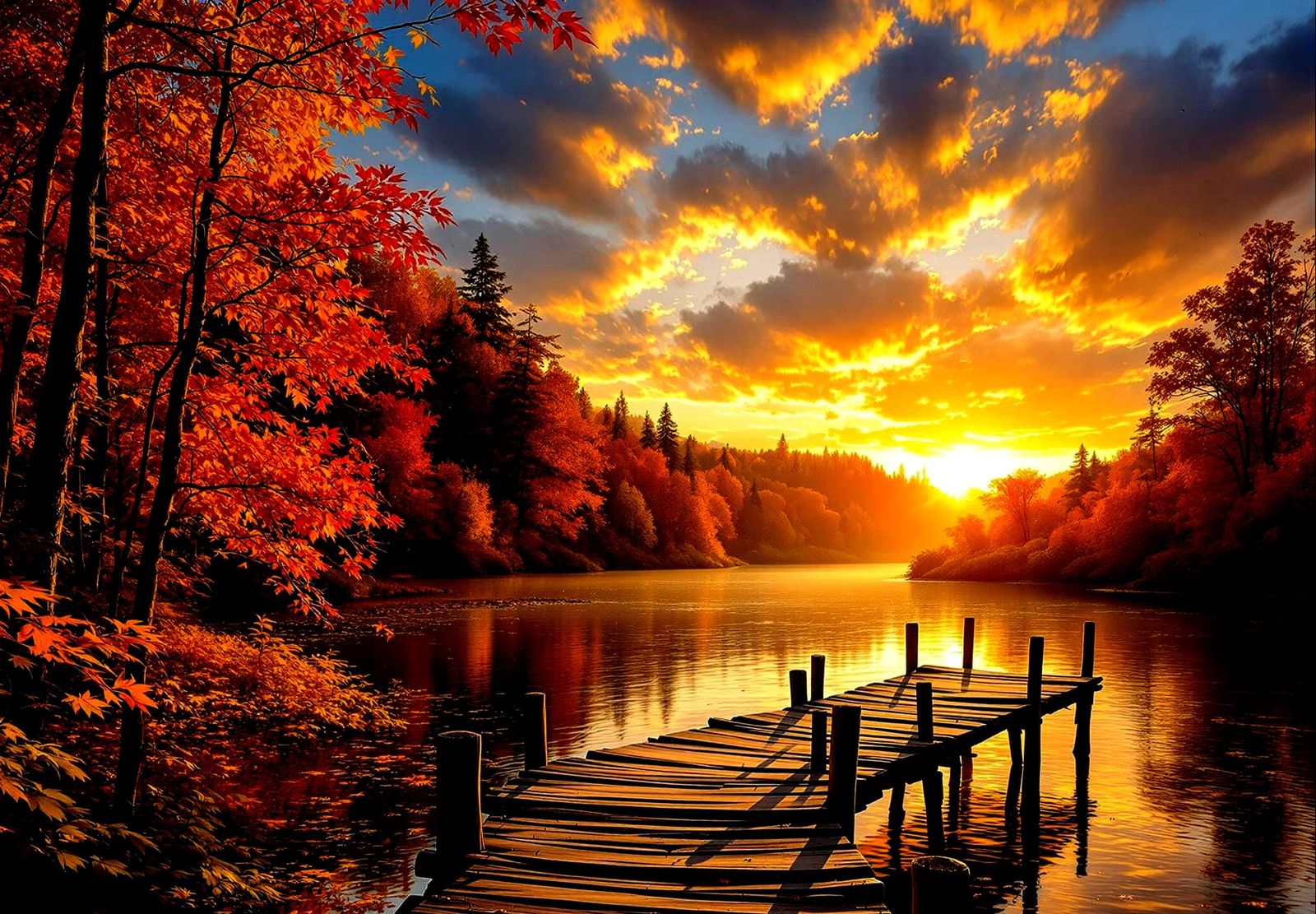 Vibrant Autumn Woods Pier at Sunset