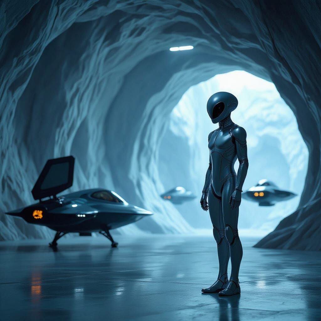 Grey Alien in Mountain Hangar, Futuristic Art