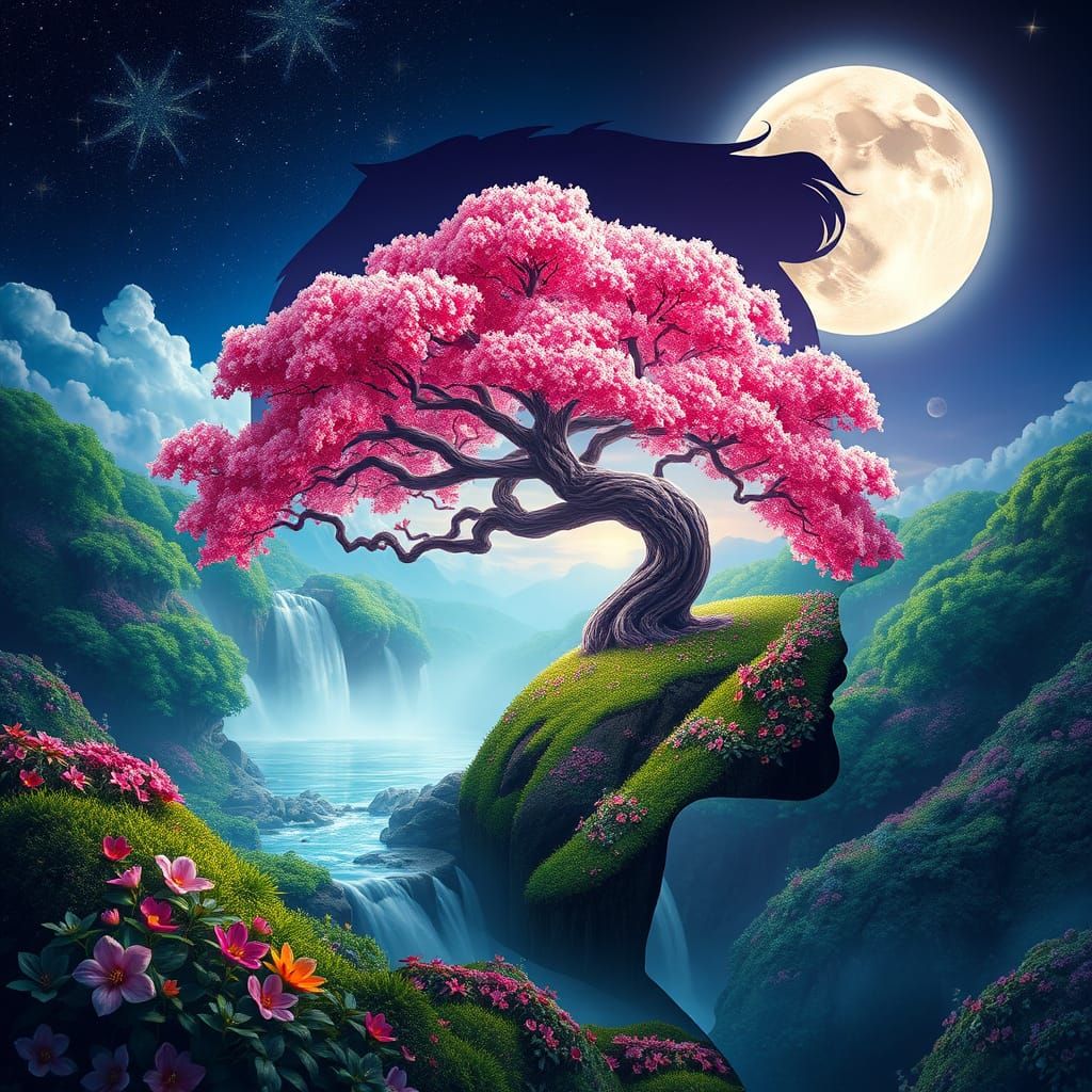 Surreal Landscape Silhouette with Vibrant Pink Tree and Sere...