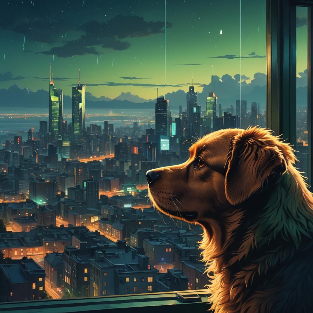 Dog Looks at Night City, Digital Matte Painting
