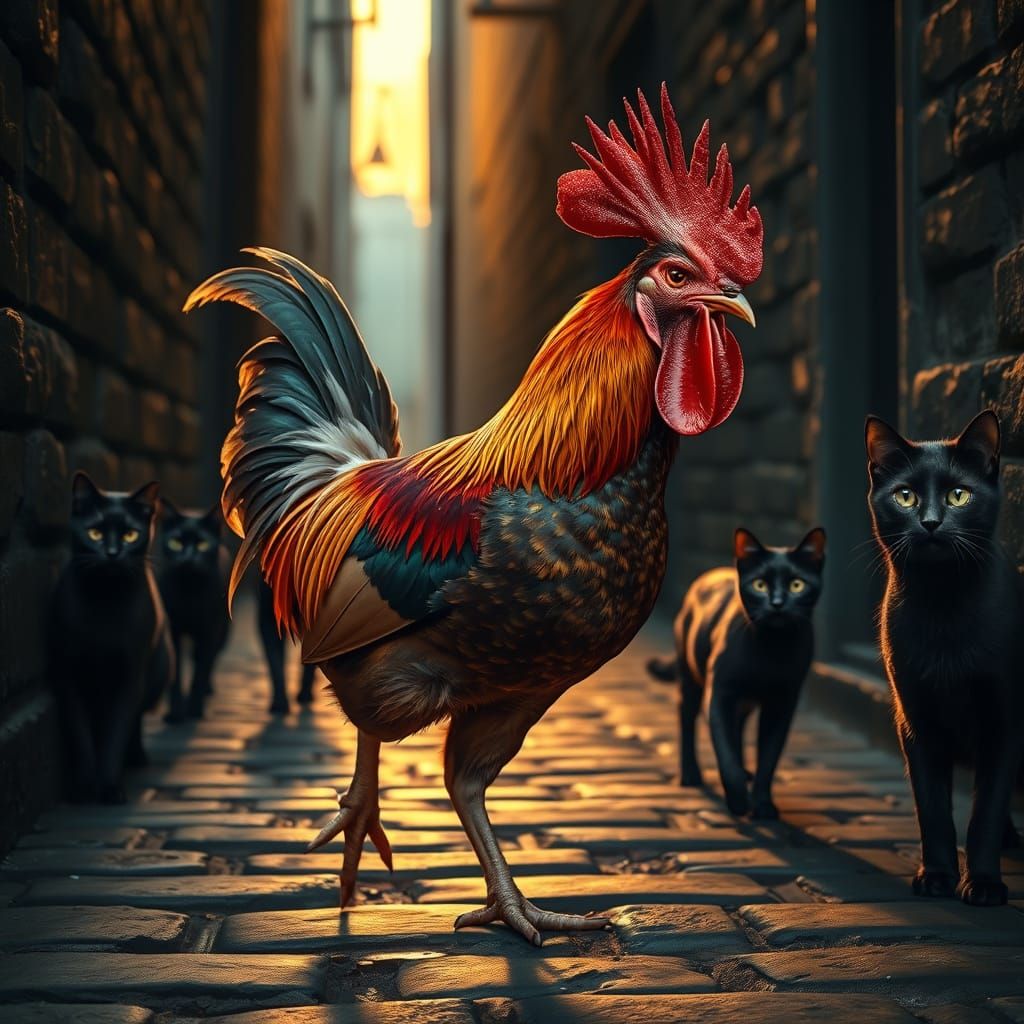 Cinematic Rooster Dominates Dark Alleyway
