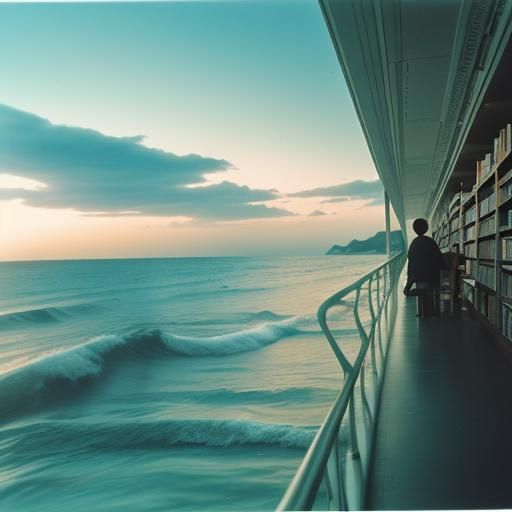 Liminal Ocean Library in Vintage Film Style
