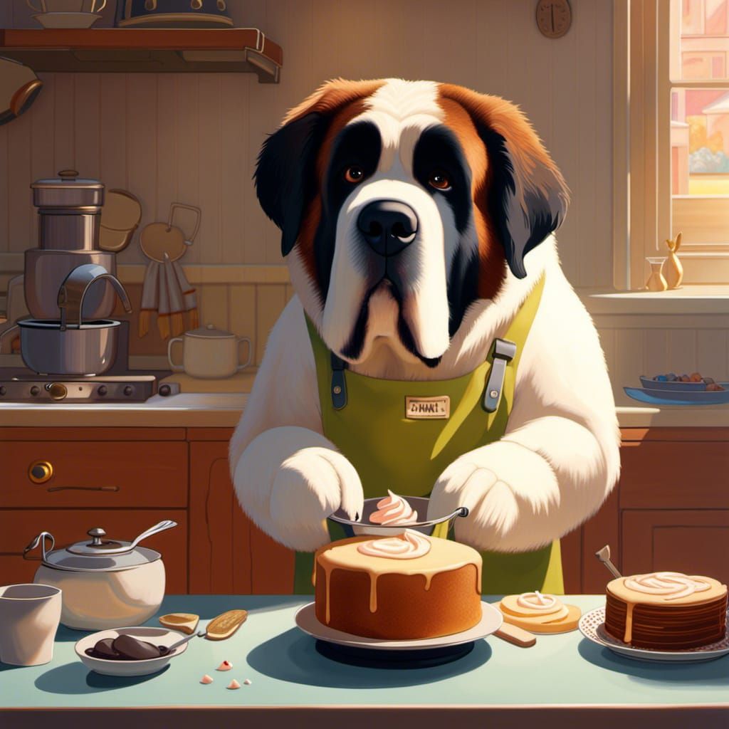 Saint Bernard Bakes Cake in Anime Style