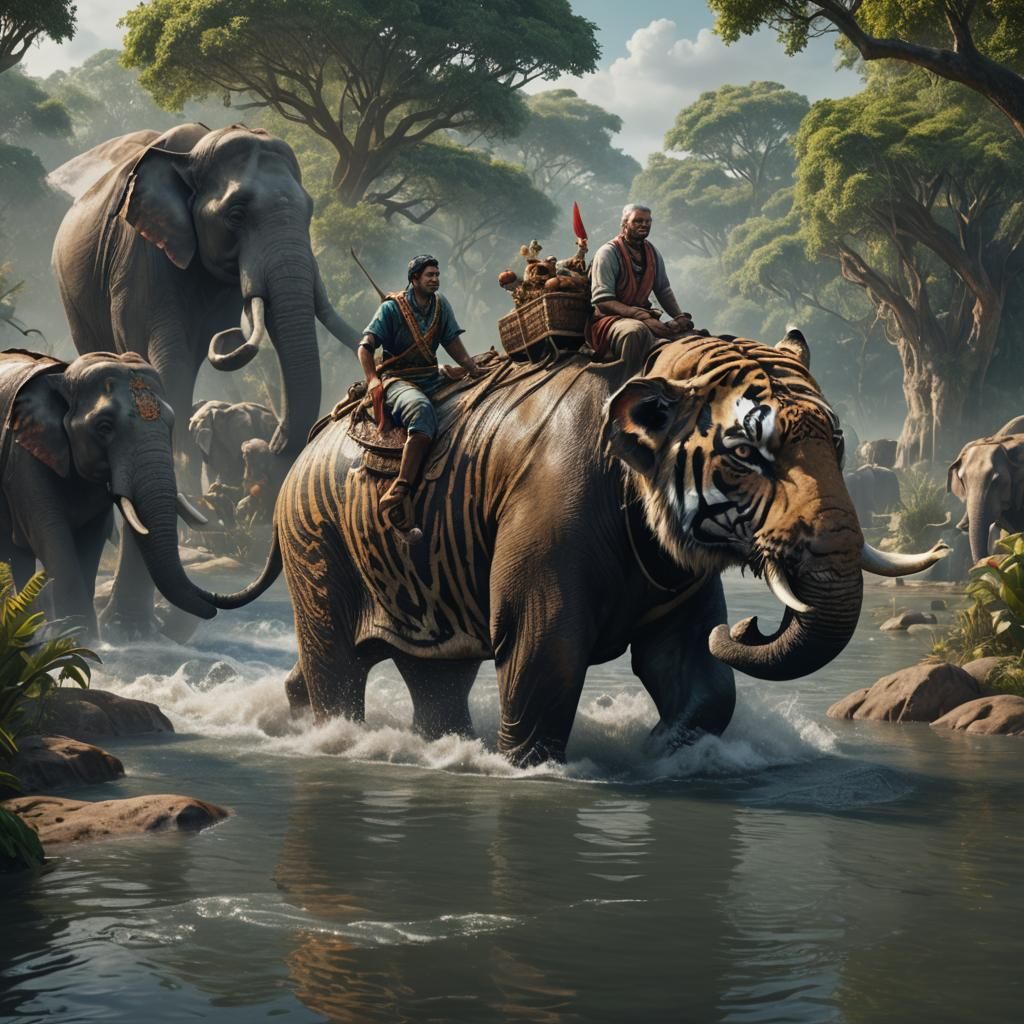 Tiger and Elephant River Crossing: Fantasy Art