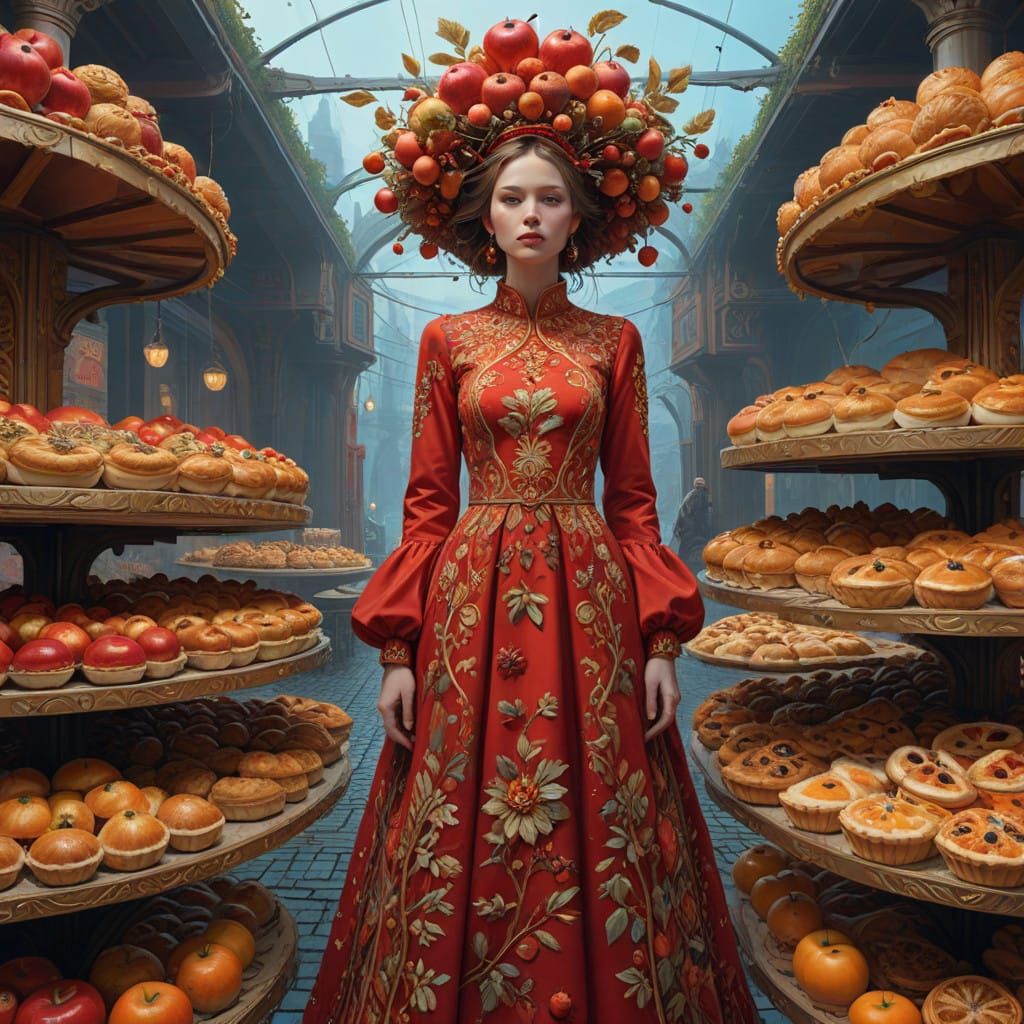 Elegant Woman Amidst Whimsical Pastry Landscape