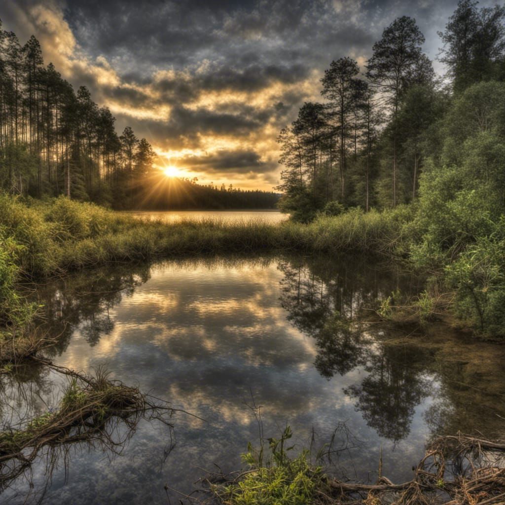 Mountain Lake Scene with Pine Forest at Sunset