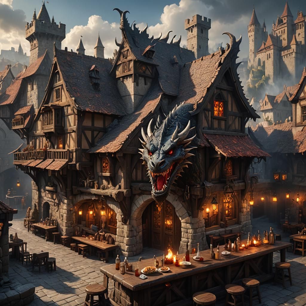 Medieval Tavern in Hell with Dragon Head