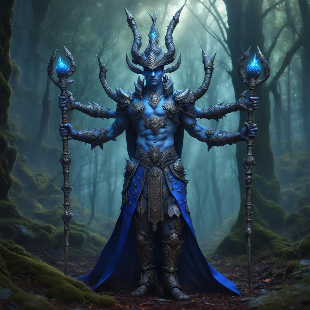 Blue Hindu Warlock in Forest: Dark Fantasy Art