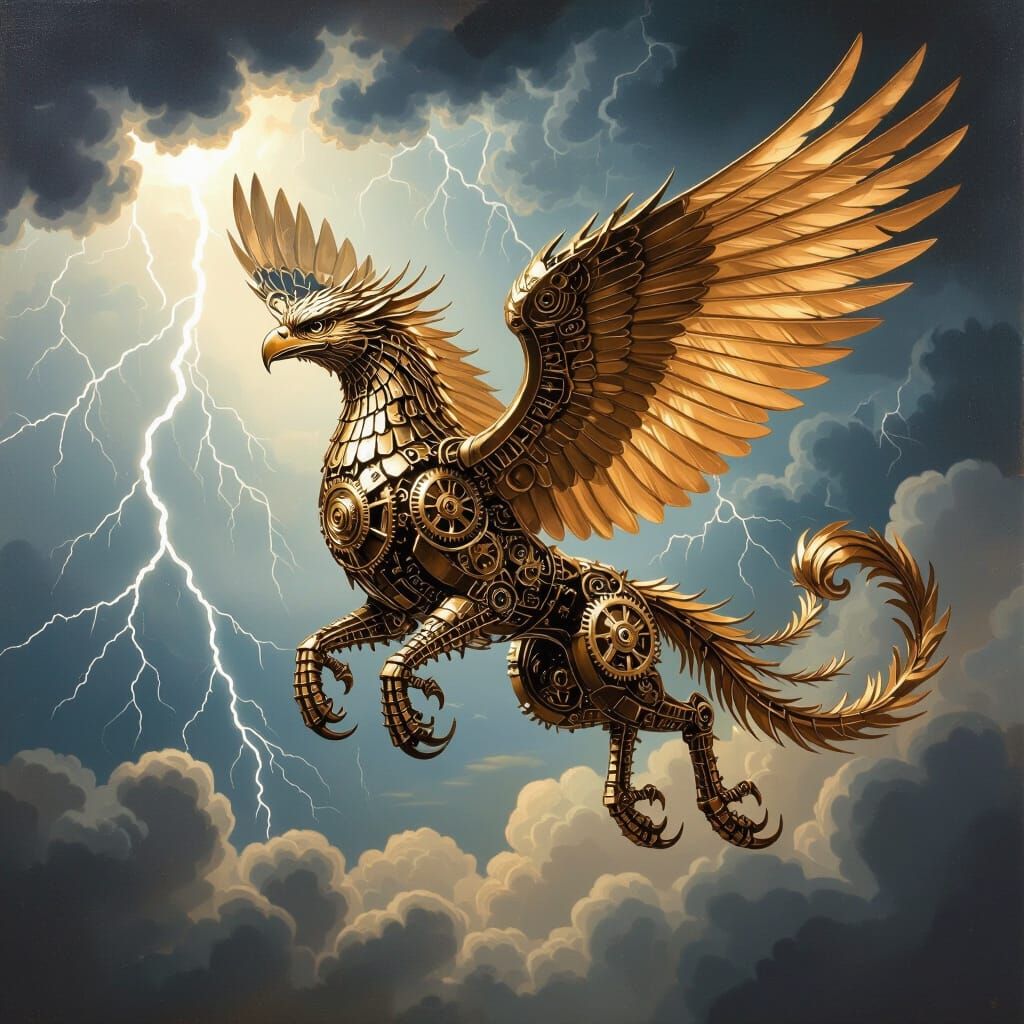 Un griffon s'élance dans un ciel orageux