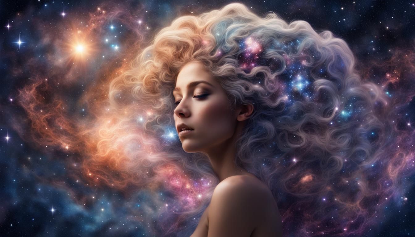 Goddess with Galaxy Hair in Cosmic Dreamscape